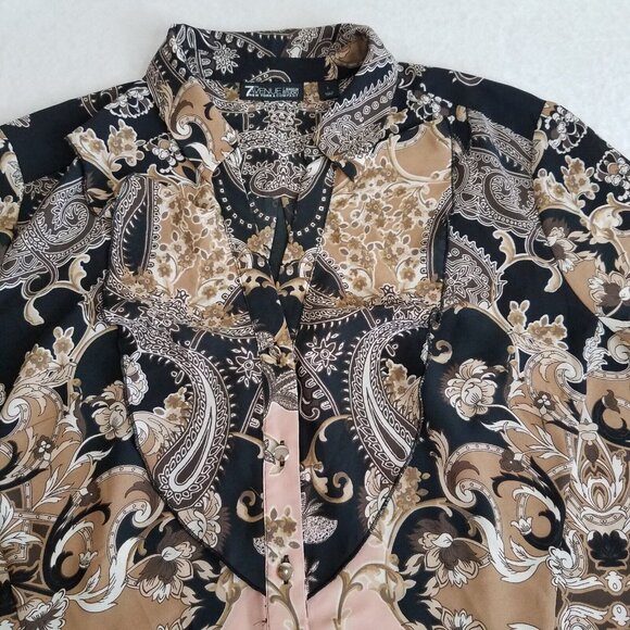 7th Avenue Paisley Blouse LARGE Black Brown Tan Pink Ruffle Button Front V Neck  - Picture 11 of 15